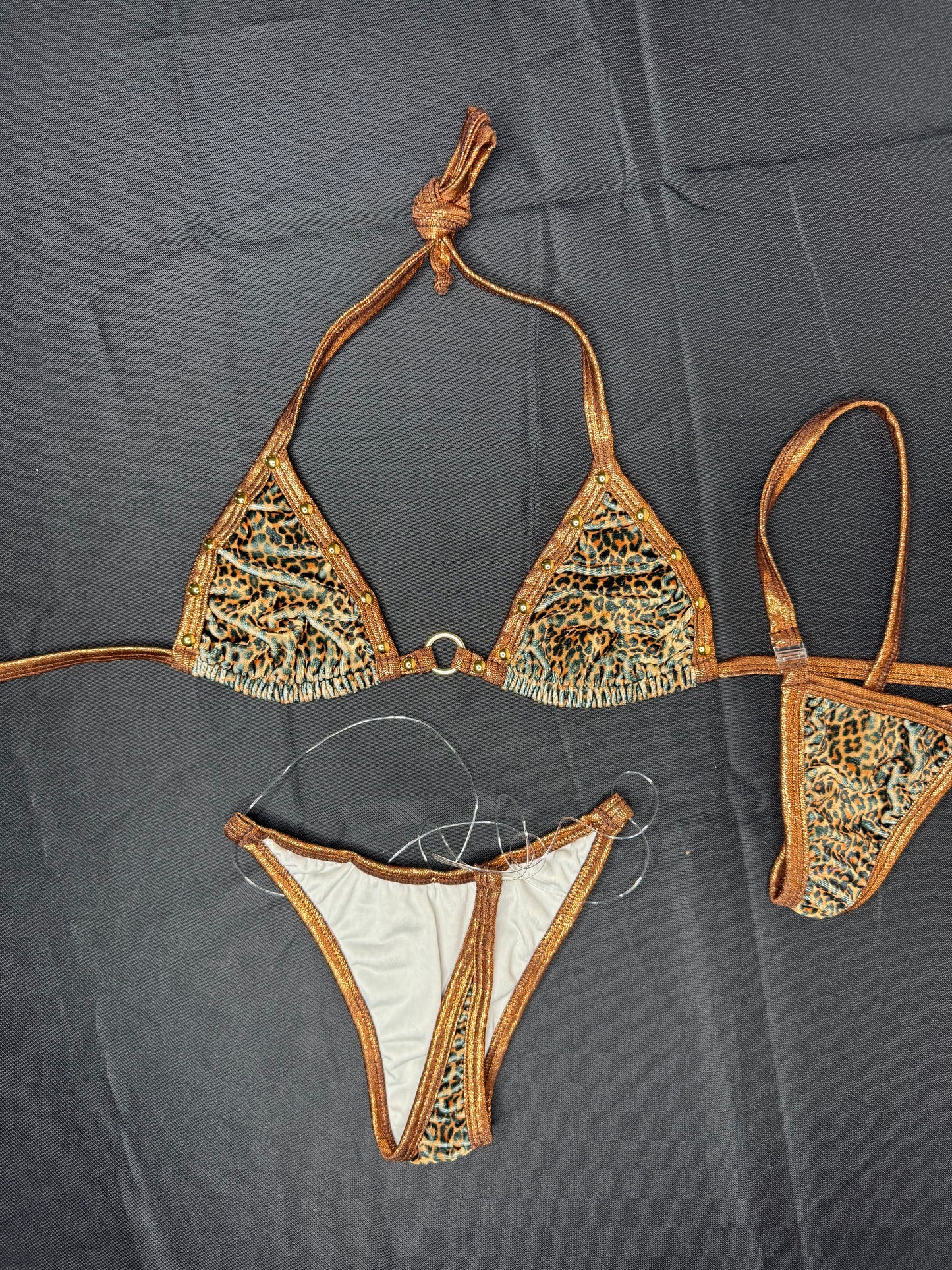 Cheetah Print VELVET/Metallic Copper Spandex Two-Piece Bikini Lingerie Outfit