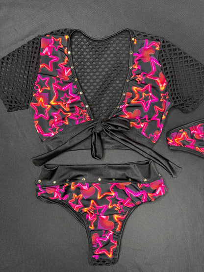 Black Star/Heart Print Shorts/Short Sleeve Two-Piece Lingerie Outfit