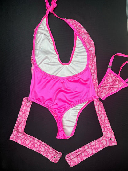 Pink/Hot Pink Designer One-Piece Garters Lingerie Outfit