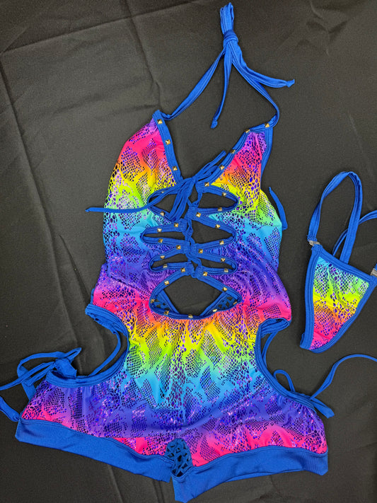 Royal Blue Fishnet Rainbow Animal Print Spandex One-Piece Romper Lingerie Outfit