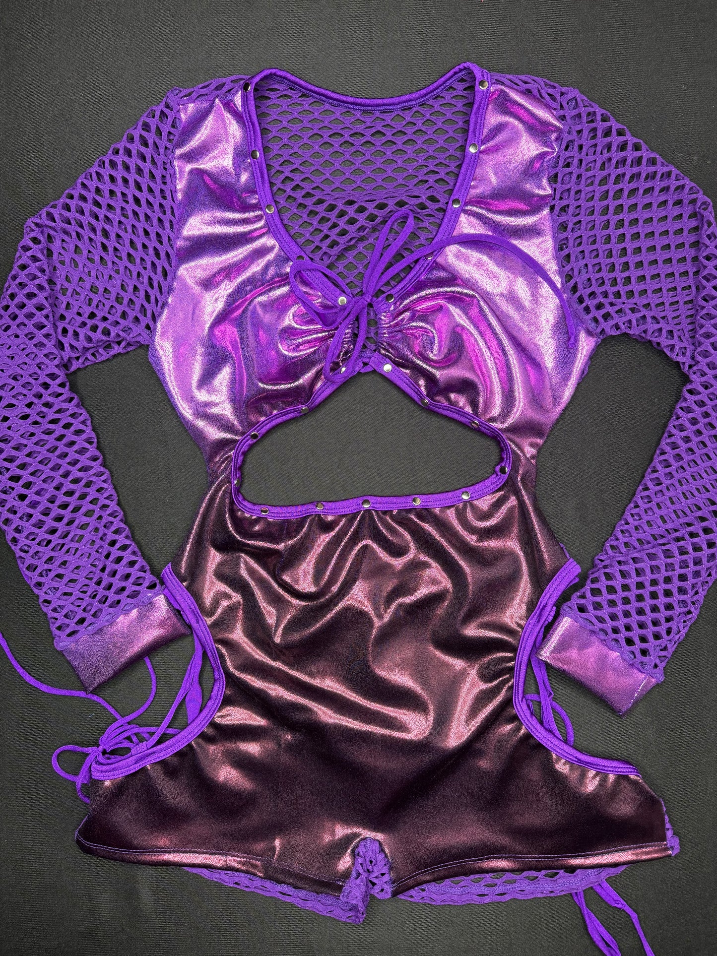 Metallic Purple Ombré/Purple Fishnet One-Piece Romper Lingerie Outfit