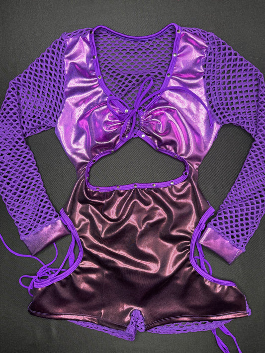 Metallic Purple Ombré/Purple Fishnet One-Piece Romper Lingerie Outfit