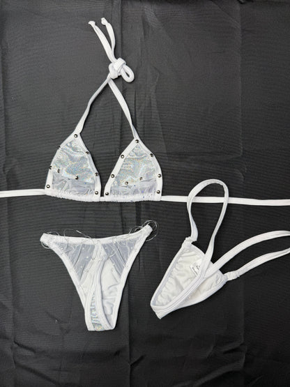 Silver/White Spandex Two-Piece Lingerie Outfit