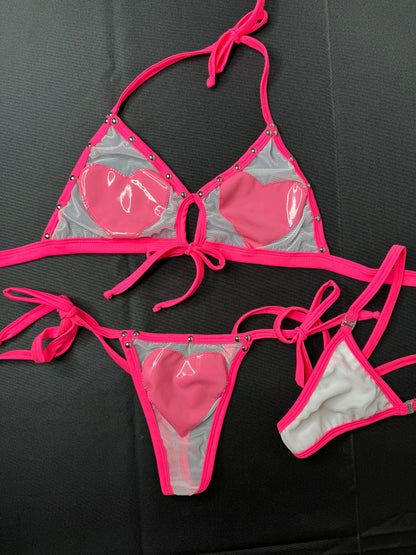 heart latex bikini two-piece stripper outfit