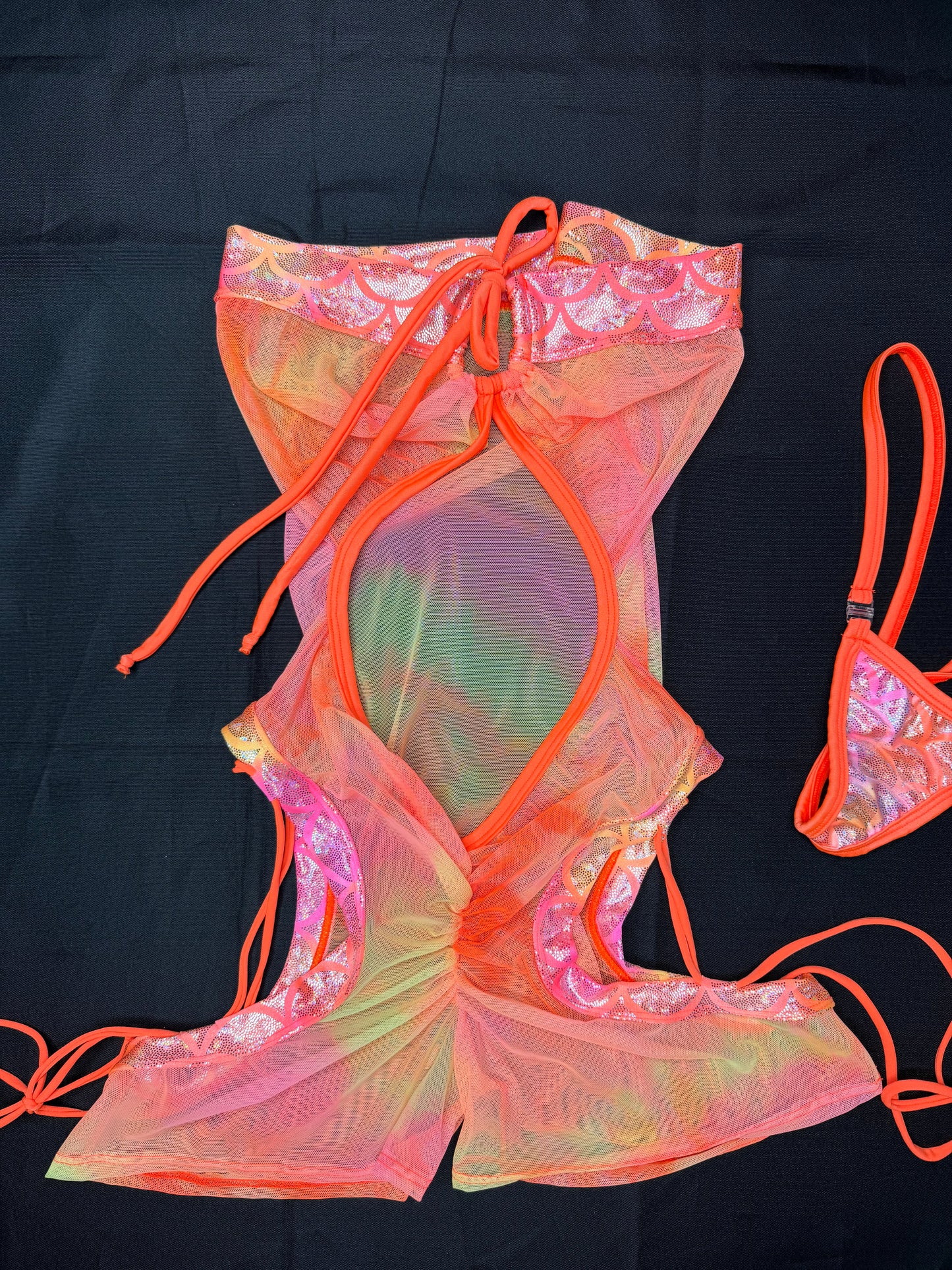 Pink/Yellow/Orange Ombre Mesh/Spandex One-Piece Lingerie Outfit