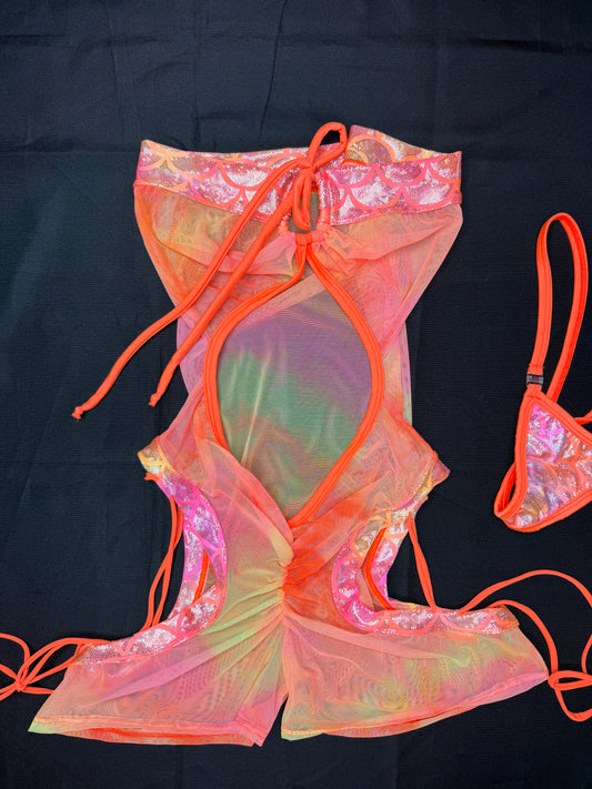 Pink/Yellow/Orange Ombre Mesh/Spandex One-Piece Lingerie Outfit