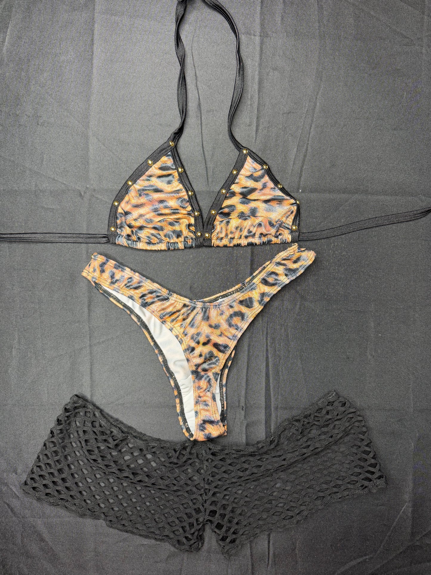Cheetah Animal Print Three-Piece Bikini Top/Shorts/Cheeky Thong Lingerie Outfit