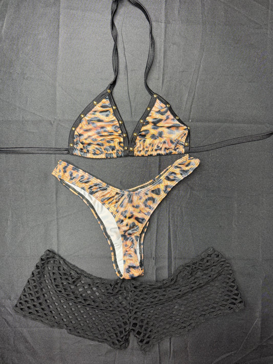 Cheetah Animal Print Three-Piece Bikini Top/Shorts/Cheeky Thong Lingerie Outfit