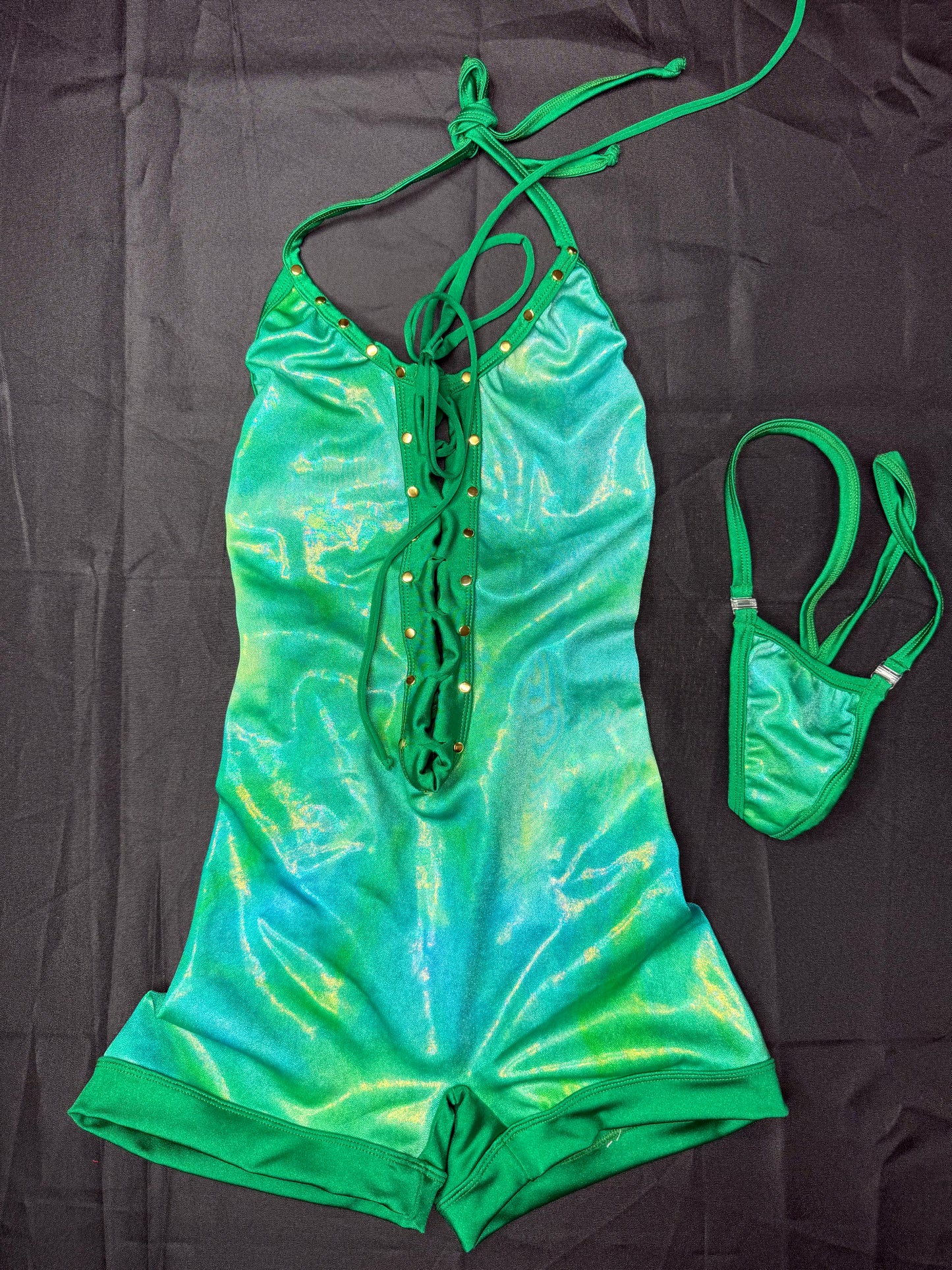 Ombré Green/Green Spandex Ripped Back One-Piece Lingerie Outfit