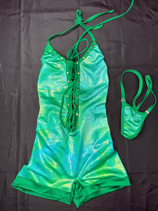 Ombré Green/Green Spandex Ripped Back One-Piece Lingerie Outfit