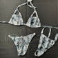 silver/blue two-piece bikini stripper outfit