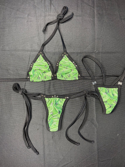Designer Metallic Green Side-Tie Bikini Lingerie Outfit