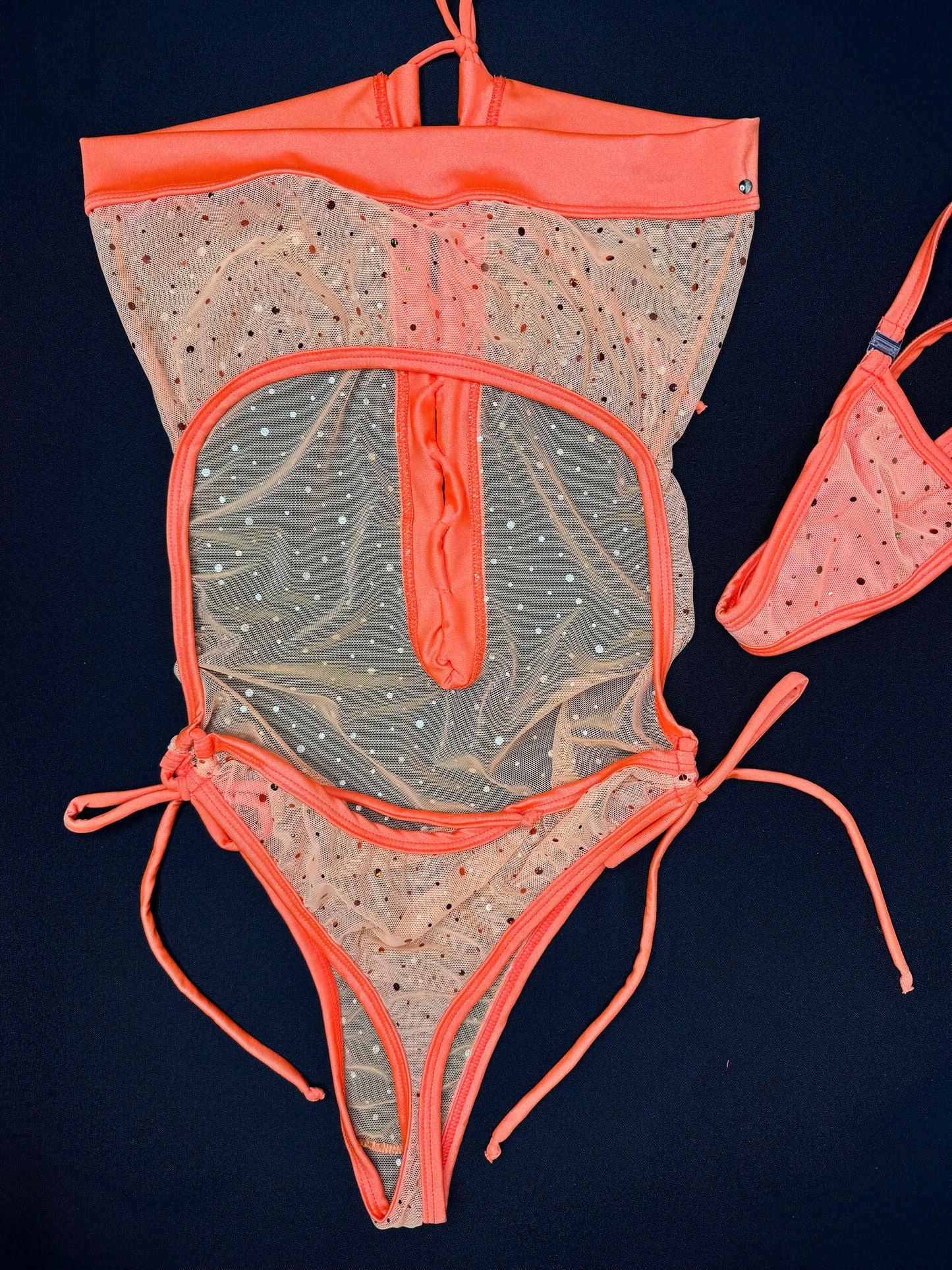 Orange Sparkle Mesh One-Piece Lingerie Outfit
