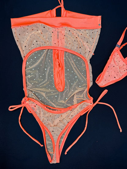 Orange Sparkle Mesh One-Piece Lingerie Outfit