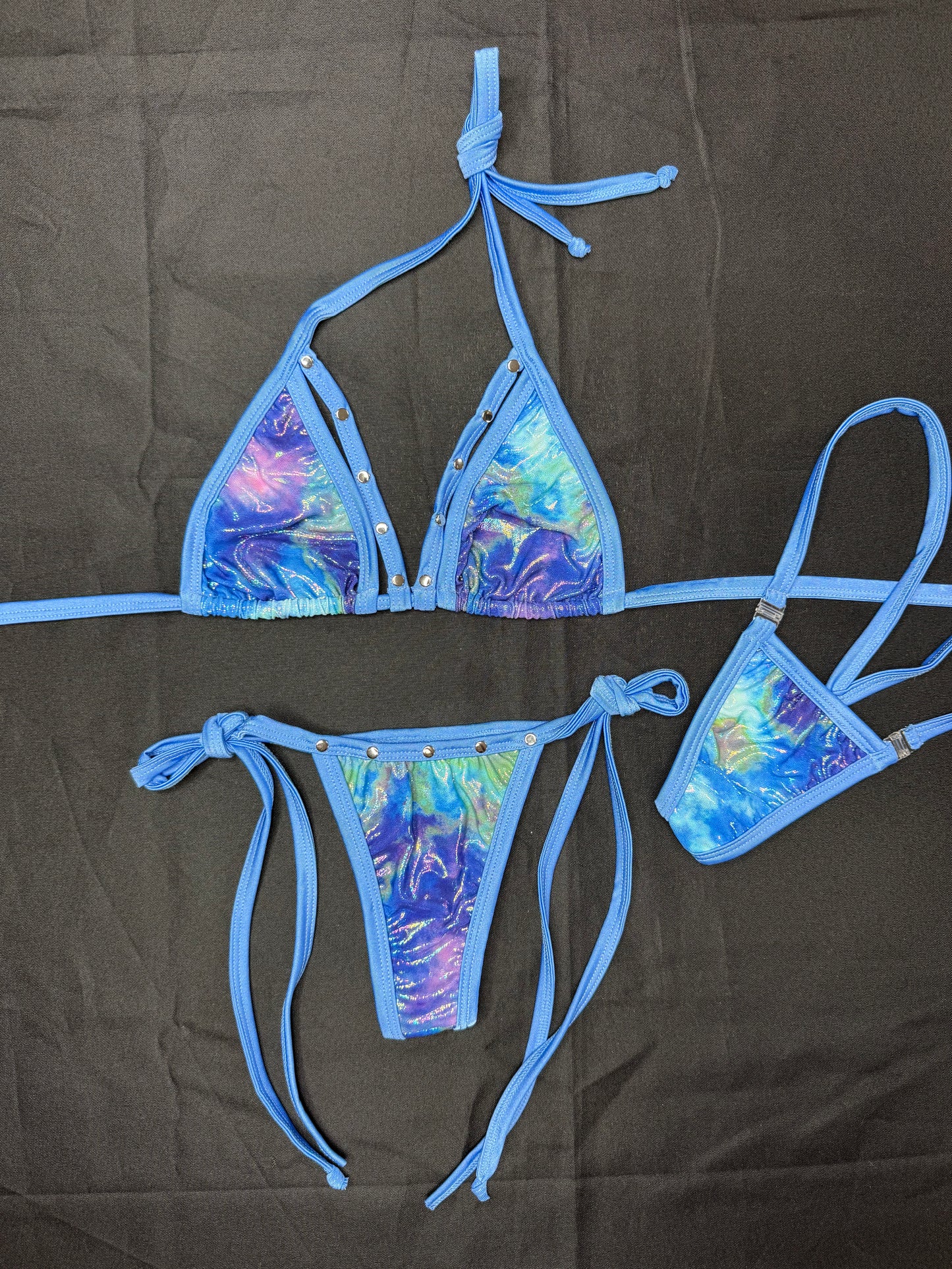 Baby Blue/Metallic Blue Spandex Two-Piece Bikini Lingerie Outfit