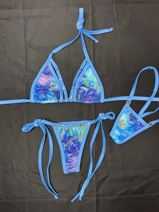 Baby Blue/Metallic Blue Spandex Two-Piece Bikini Lingerie Outfit