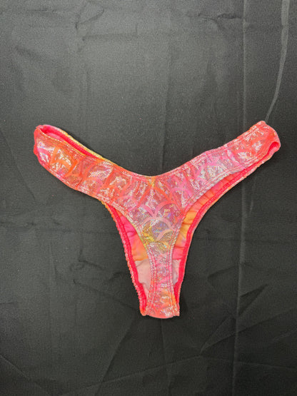 Bright Neon Coral/Hot Pink Mesh One-Piece Cheeky Thong Lingerie Outfit