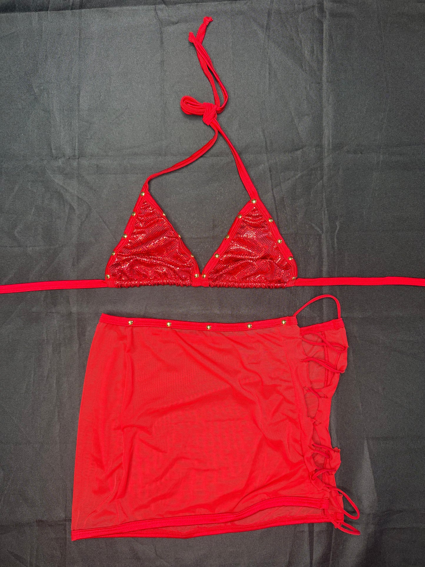 Metallic Red Spandex/Red Mesh Three-Piece Lingerie Outfit