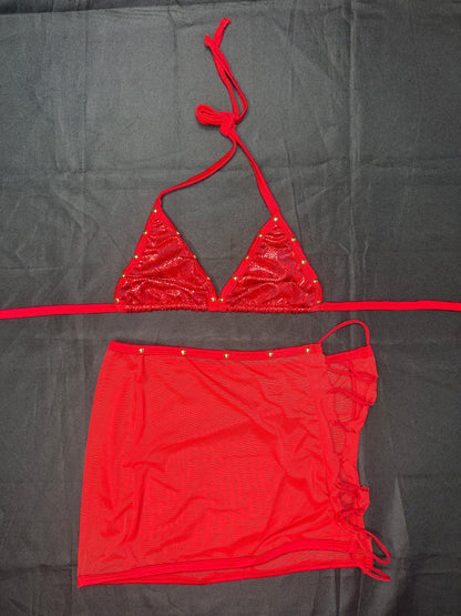 Metallic Red Spandex/Red Mesh Three-Piece Lingerie Outfit