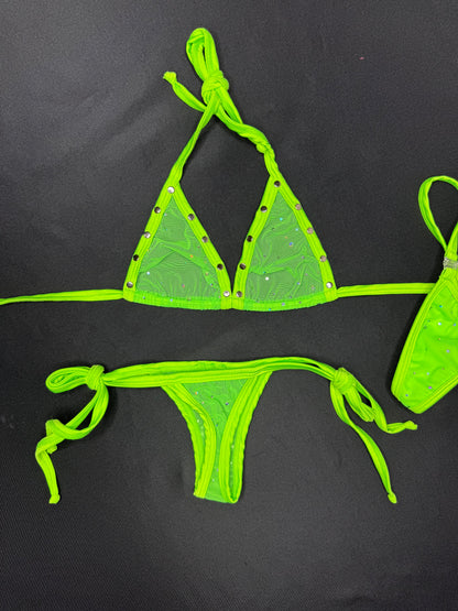 Neon Green Mesh Two-Piece Bikini Lingerie Outfit