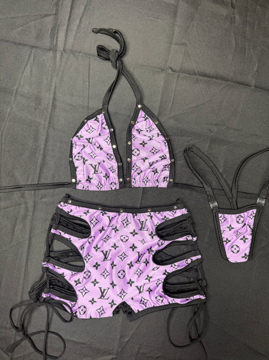 Purple/Black Designer Spandex Bikini Top/Shorts Two-Piece Lingerie Outfit