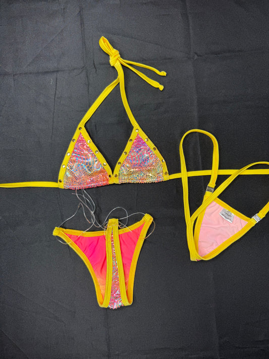 Electric Yellow/Holographic Pink Two-Piece Bikini Lingerie Outfit