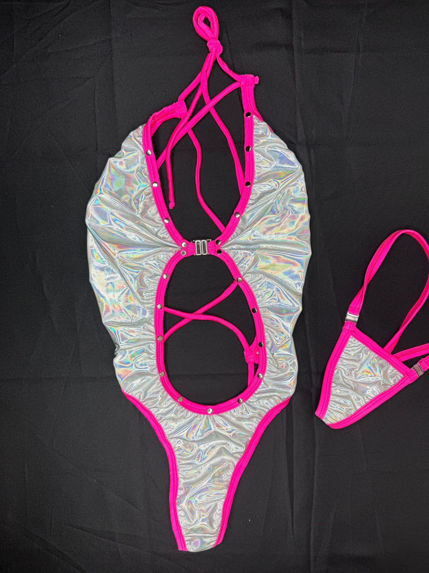 Chrome/Hot Pink Spandex One-Piece Lingerie Outfit