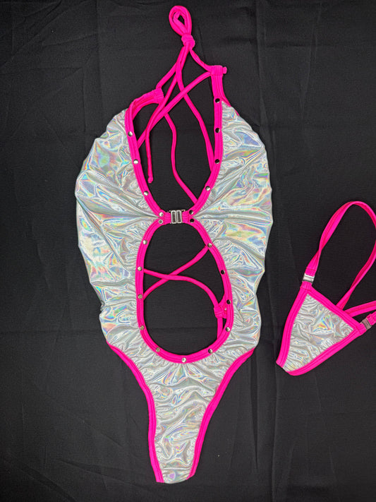 Chrome/Hot Pink Spandex One-Piece Lingerie Outfit