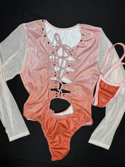 Metallic Ombré Leotard Long Sleeve One-Piece Lingerie Outfit