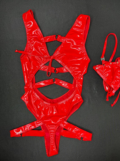 Red Latex One-Piece Leotard/Bikini Top Lingerie Outfit