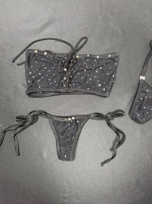 Black Sparkle Mesh Tube Top/Side-Tie Bikini Bottoms Two-Piece Lingerie Outfit