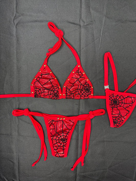 Red Web Print Spandex Two-Piece Side-Tie Bikini Lingerie Outfit