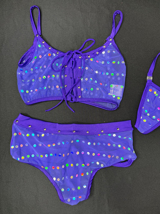 Purple Mesh Sports Bras/Shorts Ripped Back Two-Piece Lingerie Outfit