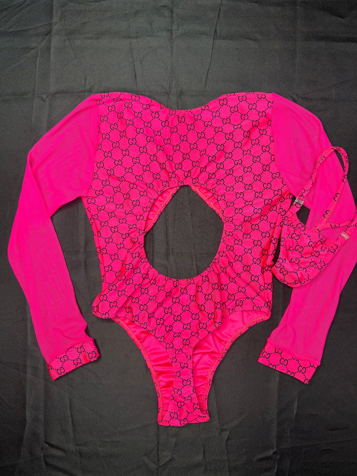 Hot Pink Spandex/Mesh Leotard Lingerie Outfit