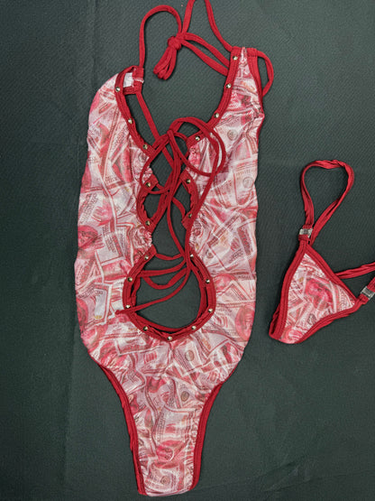 Red Money Print One-Piece Lingerie Outfit