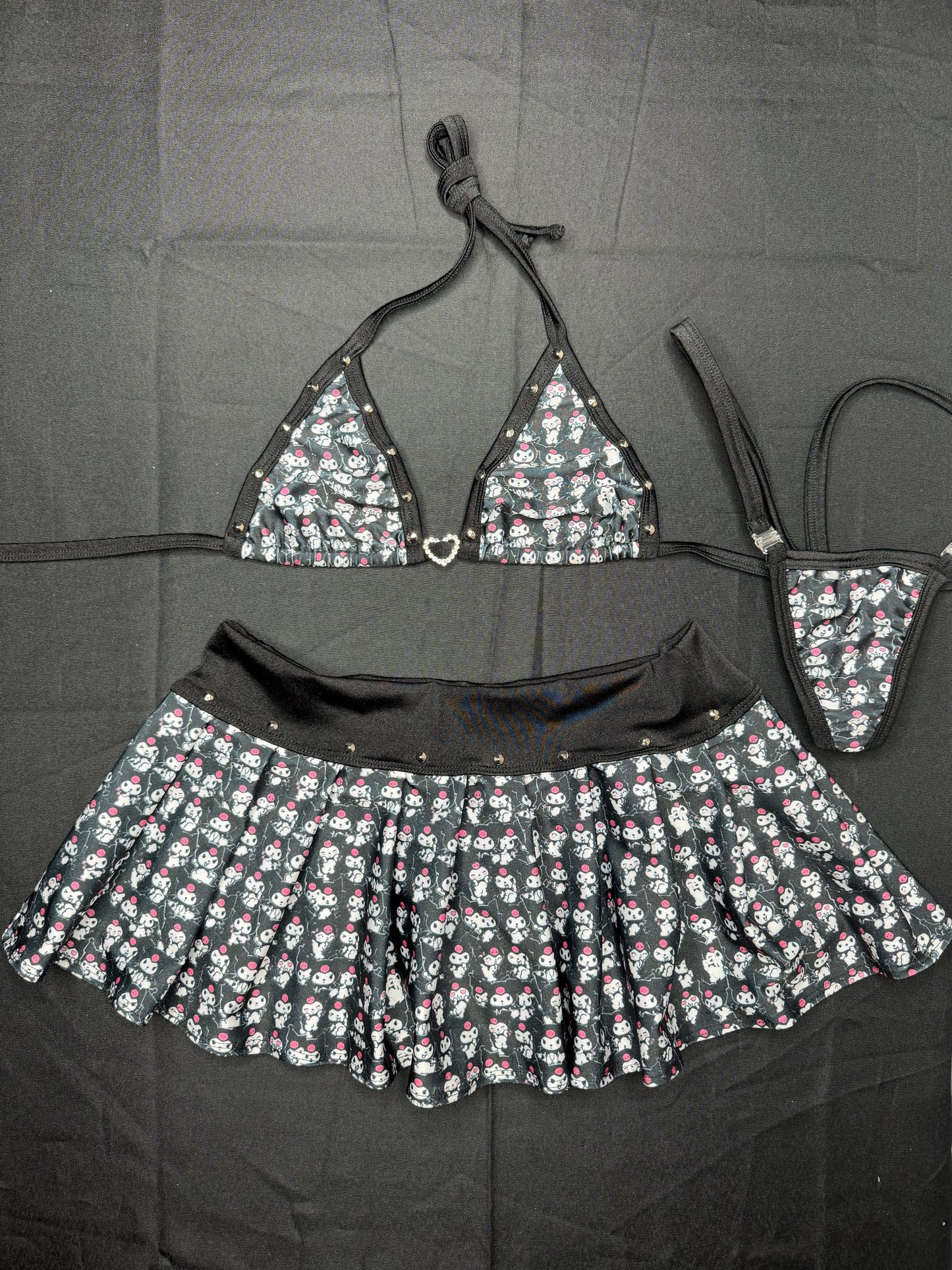 Black Kuromi Print Spandex Two-Piece Skirt Lingerie Outfit