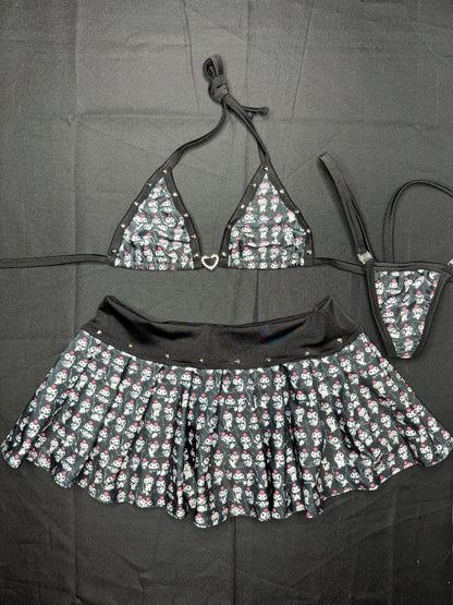 Black Kuromi Print Spandex Two-Piece Skirt Lingerie Outfit