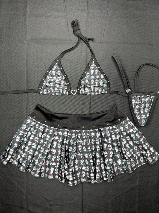 Black Kuromi Print Spandex Two-Piece Skirt Lingerie Outfit