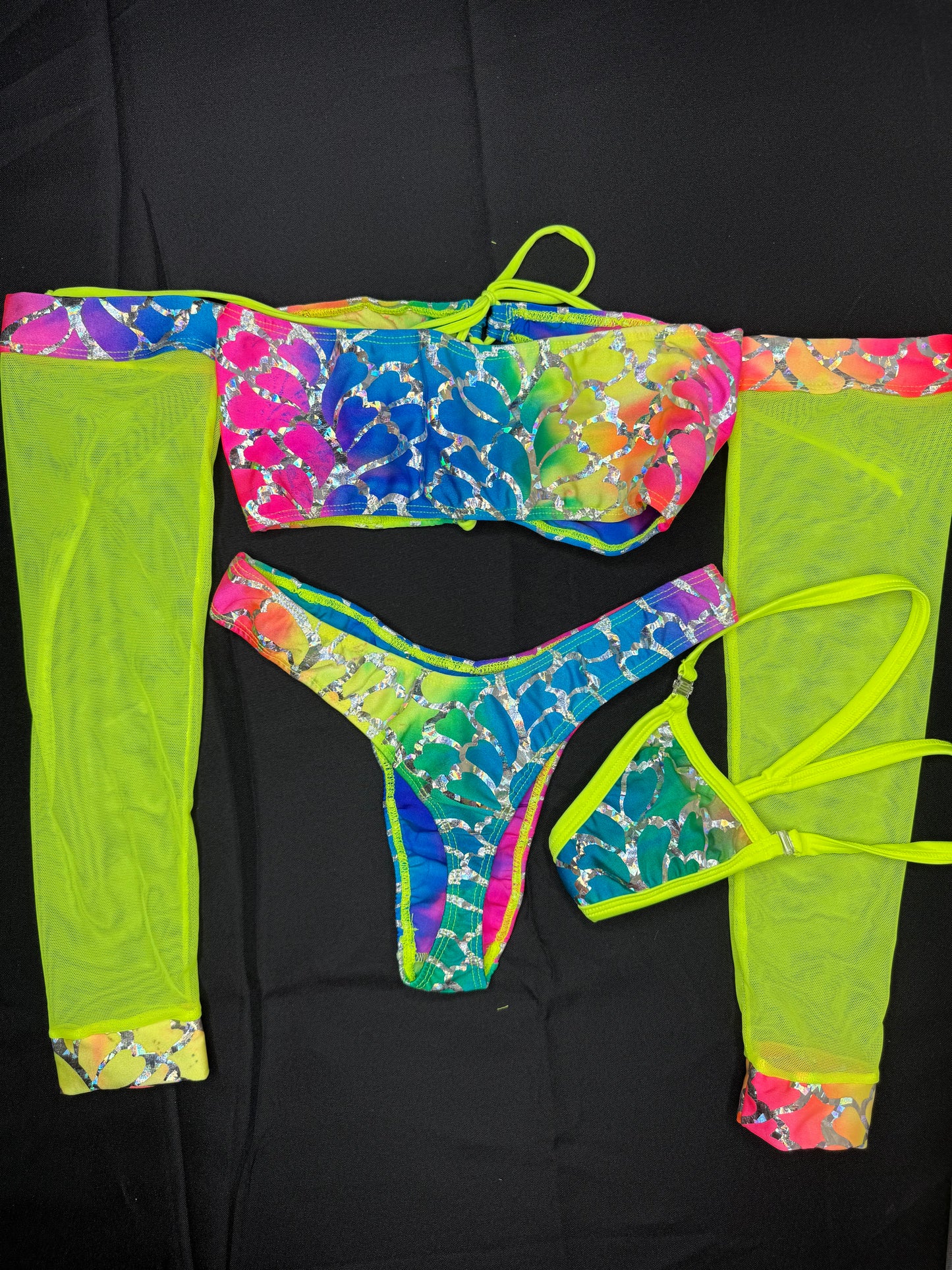 Rainbow Fish Animal Print Spandex/Neon Yellow Mesh Two-Piece Lingerie Outfit