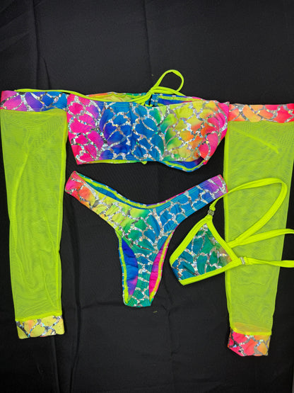 Rainbow Fish Animal Print Spandex/Neon Yellow Mesh Two-Piece Lingerie Outfit