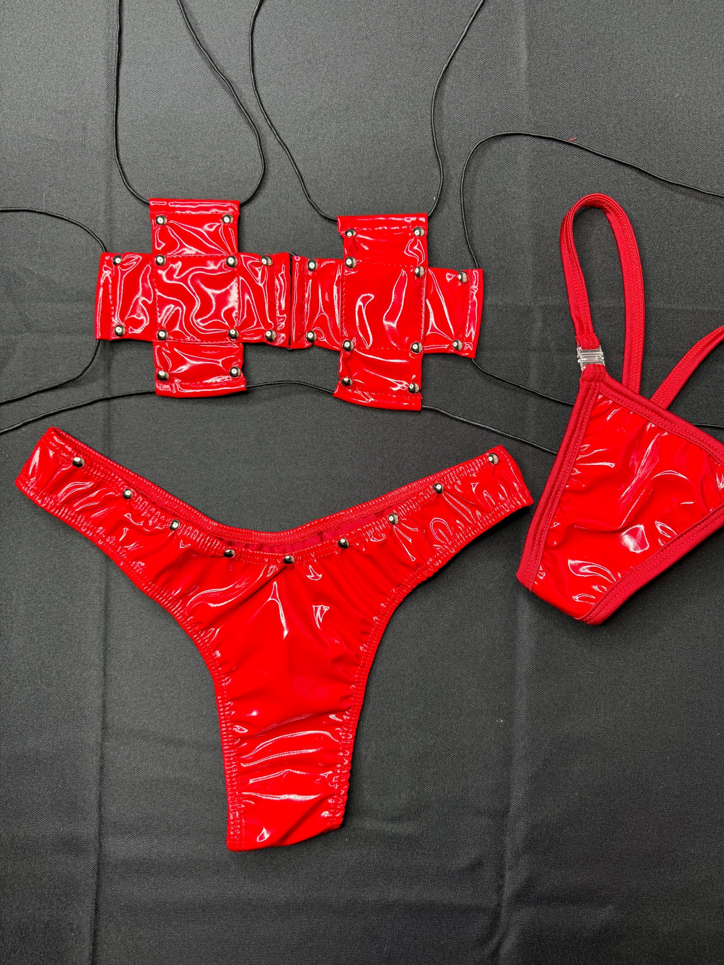 Red Latex Two-Piece Bikini Lingerie Outfit