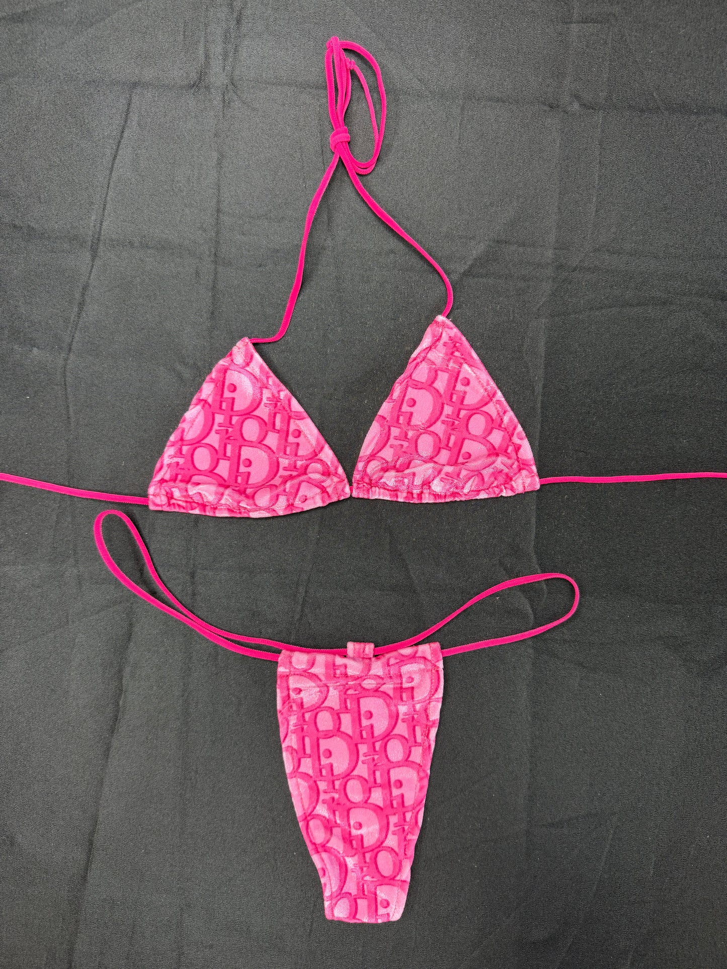 Designer Hot Pink VELVET Micro Bikini Lingerie Outfit