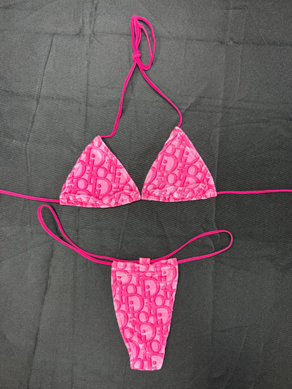 Designer Hot Pink VELVET Micro Bikini Lingerie Outfit