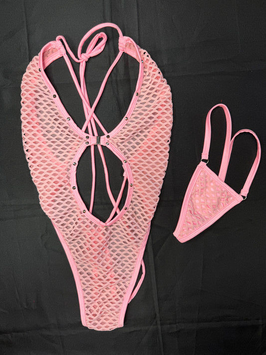 Baby Pink Fishnet Spandex One-Piece Lingerie Outfit