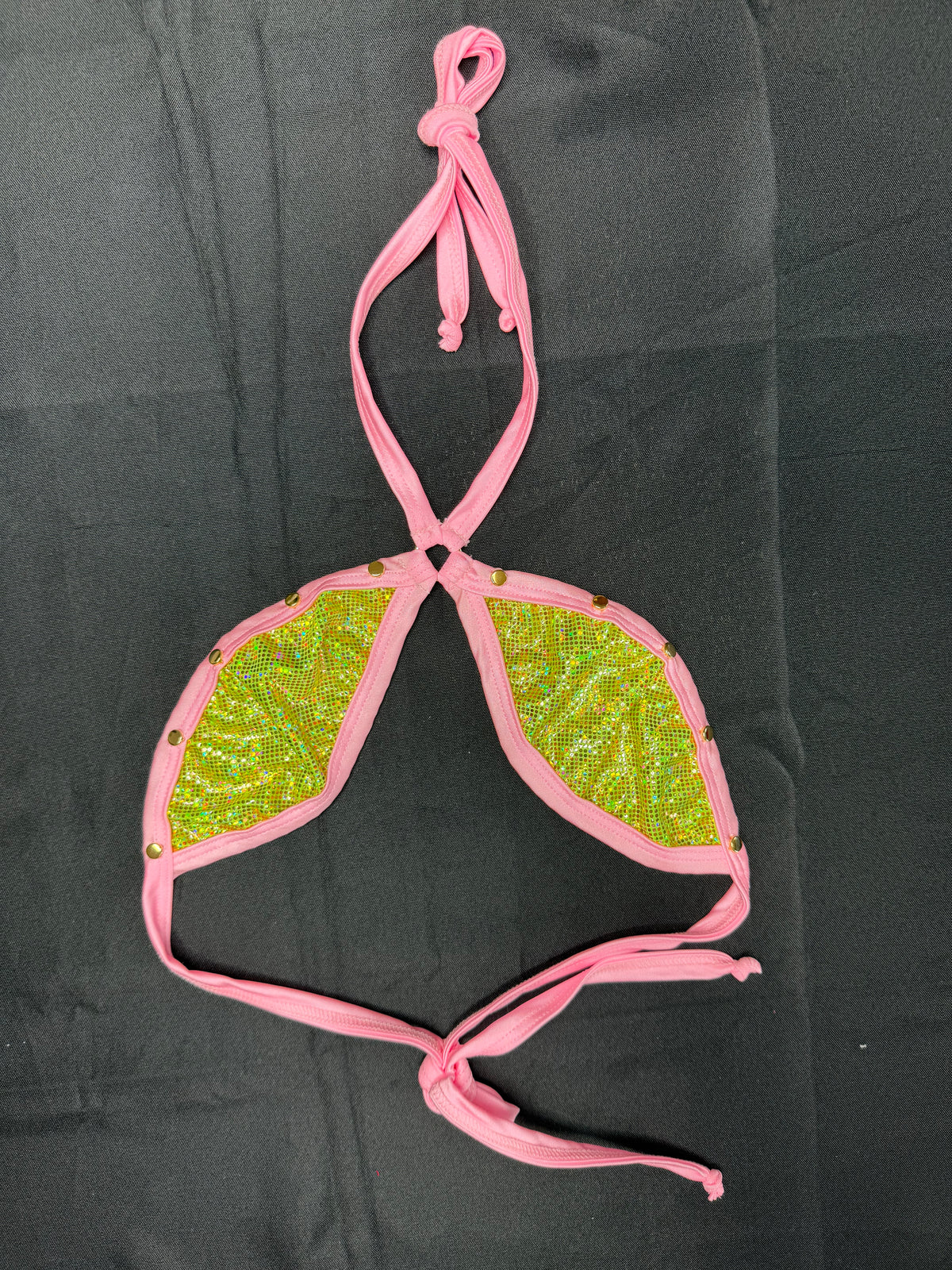 Metallic Lime Green/Baby Pink Spandex Two-Piece Bikini Garters Lingerie Outfit