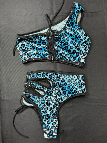 blue cheetah print two-piece stripper outfit