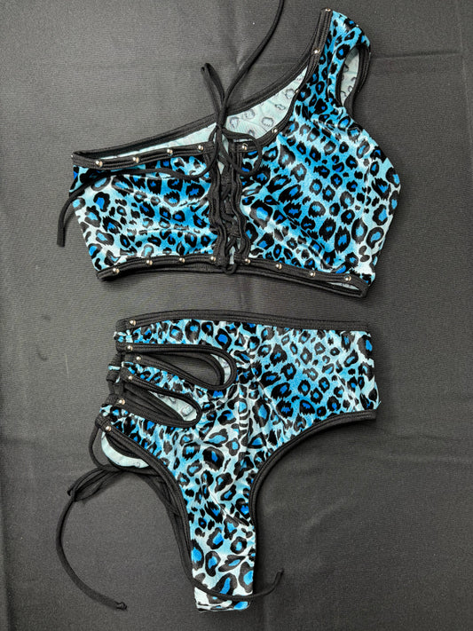 blue cheetah print two-piece stripper outfit