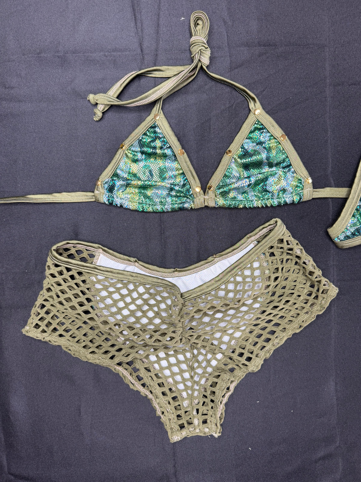 Holographic Camouflage/Green Spandex Two-Piece Bikini Top/Shorts Lingerie Outfit