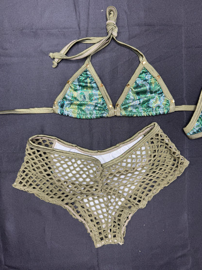 Holographic Camouflage/Green Spandex Two-Piece Bikini Top/Shorts Lingerie Outfit