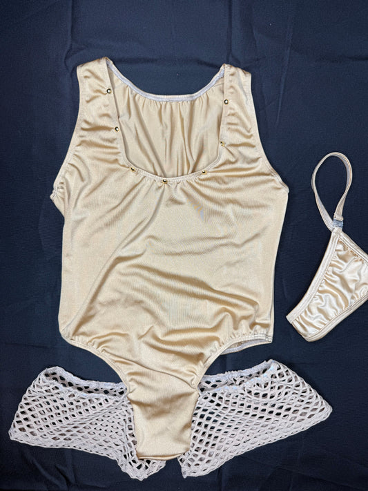 Tan Fishnet Spandex One-Piece Romper Lingerie Outfit